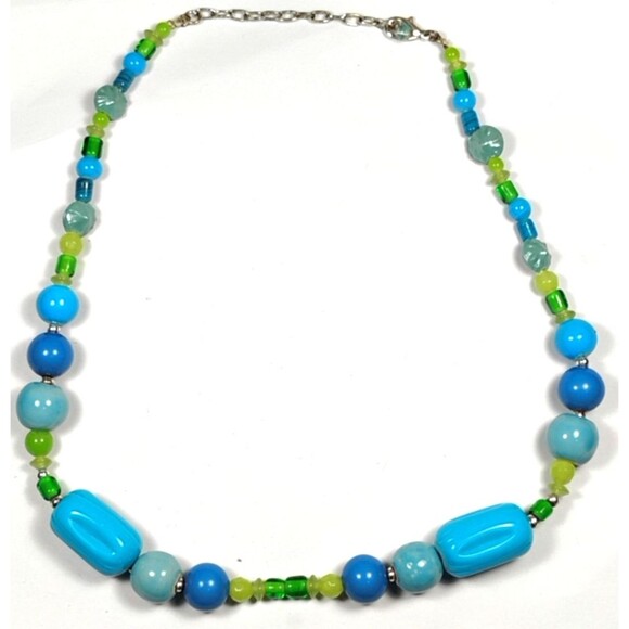 Blue Green Beaded Necklace Chunky Statement Adjustable Boho Beachy Jewelry - Picture 1 of 4